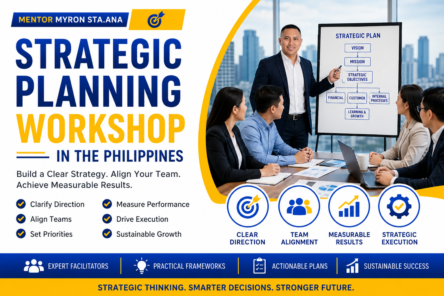 Strategic Planning Workshop in the Philippines facilitated by Mentor Myron Sta. Ana featuring Balanced Scorecard strategy mapping, organizational alignment, KPI development, and strategic execution planning session