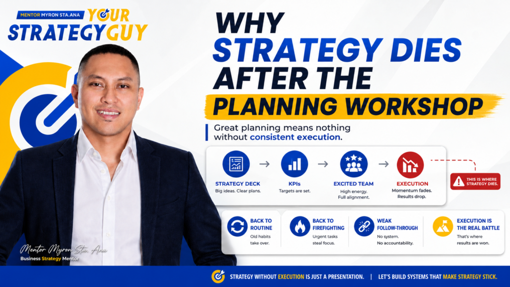 Why strategy dies after the planning workshop featuring Mentor Myron Sta. Ana, Your Strategy Guy, explaining how strategic plans lose momentum due to weak execution, lack of follow-through, poor accountability, and teams going back to routine firefighting