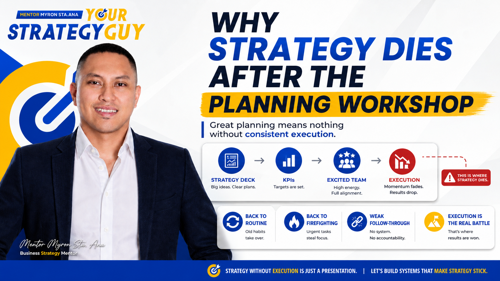 Why strategy dies after the planning workshop featuring Mentor Myron Sta. Ana, Your Strategy Guy, explaining how strategic plans lose momentum due to weak execution, lack of follow-through, poor accountability, and teams going back to routine firefighting