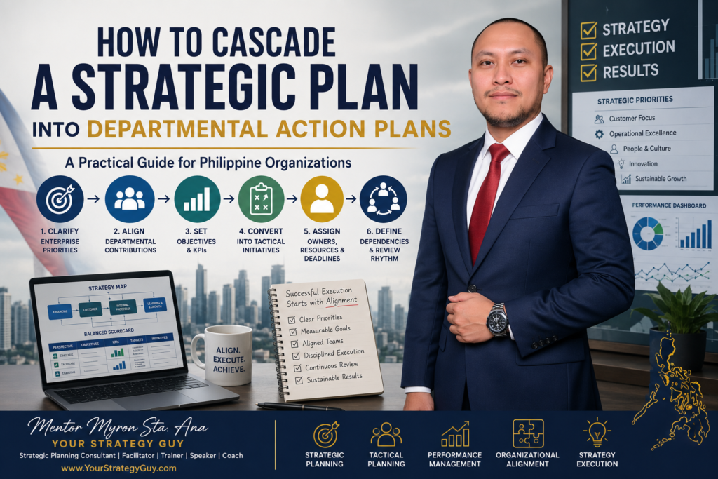 Mentor Myron Sta. Ana presenting how to cascade a strategic plan into departmental action plans with KPIs, tactical initiatives, accountability, and execution