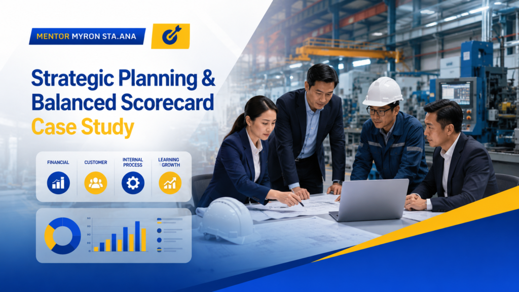 Strategic Planning and Balanced Scorecard case study for a Philippine manufacturing company, showing cross-functional leaders reviewing strategy, KPIs, operations, and performance improvement