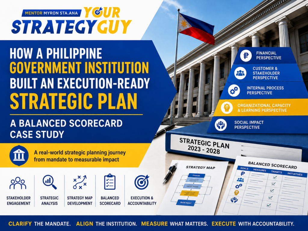 Anonymized Philippine government strategic planning case study featuring a Balanced Scorecard, Strategy Map, stakeholder engagement, execution, and accountability by Your Strategy Guy