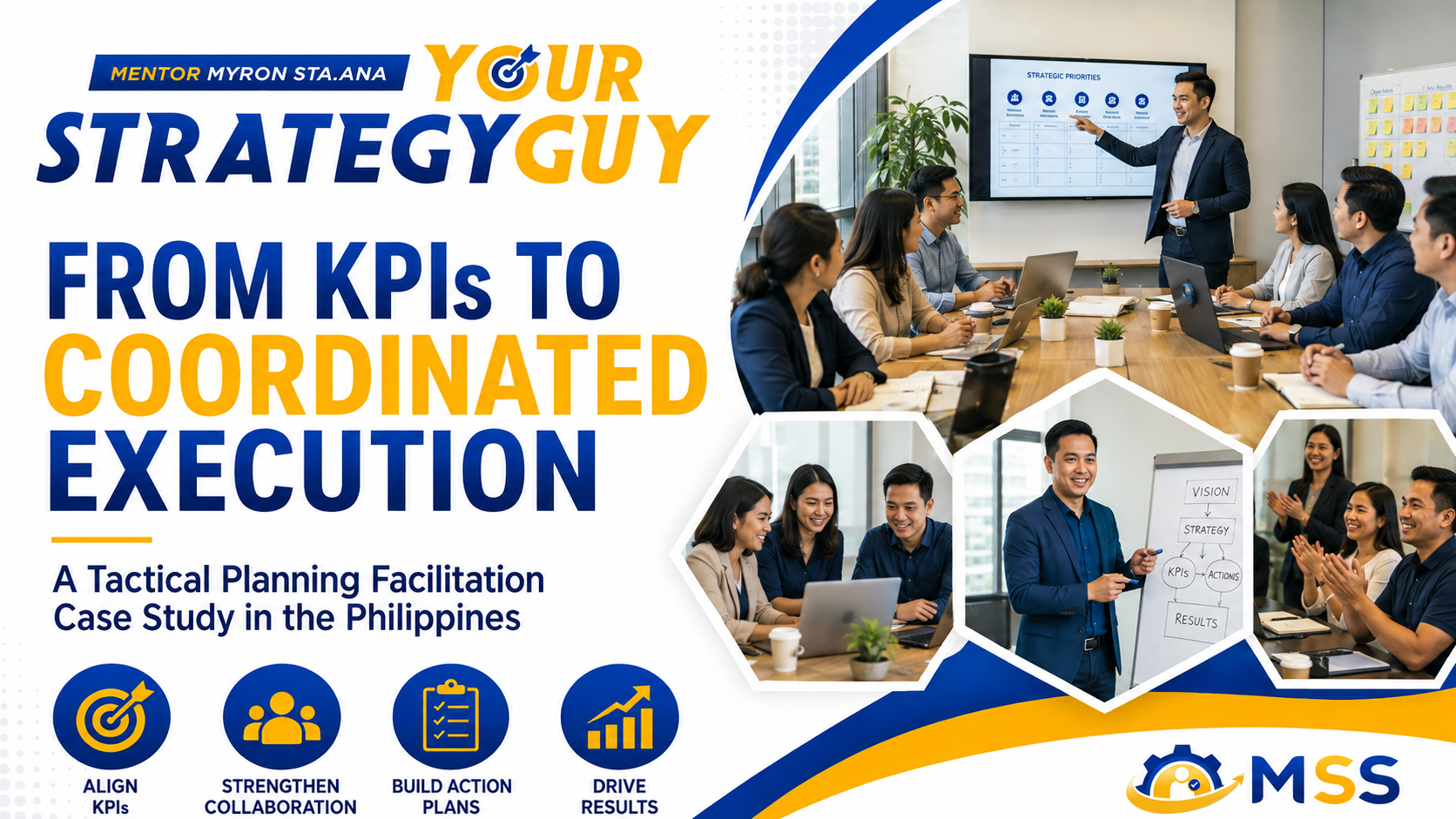 Tactical planning facilitation case study in the Philippines showing AI-generated business teams aligning KPIs, strengthening collaboration, building action plans, and driving coordinated execution